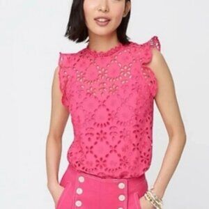 J.Crew Pink Eyelet Mockneck Top with Flutter Sleeves Size S